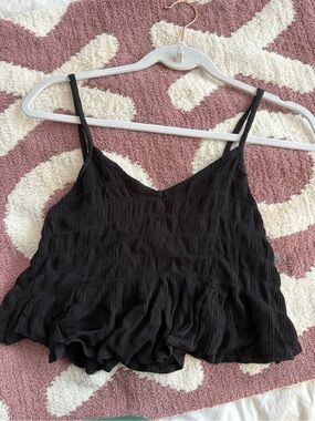 Ocean Drive Black Crinkle V-Neck Spaghetti Strap Crop Top